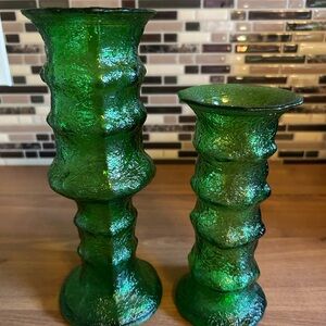 Vintage EO Brody Emerald Green Textured Glass Vases Candle Holders set of 2